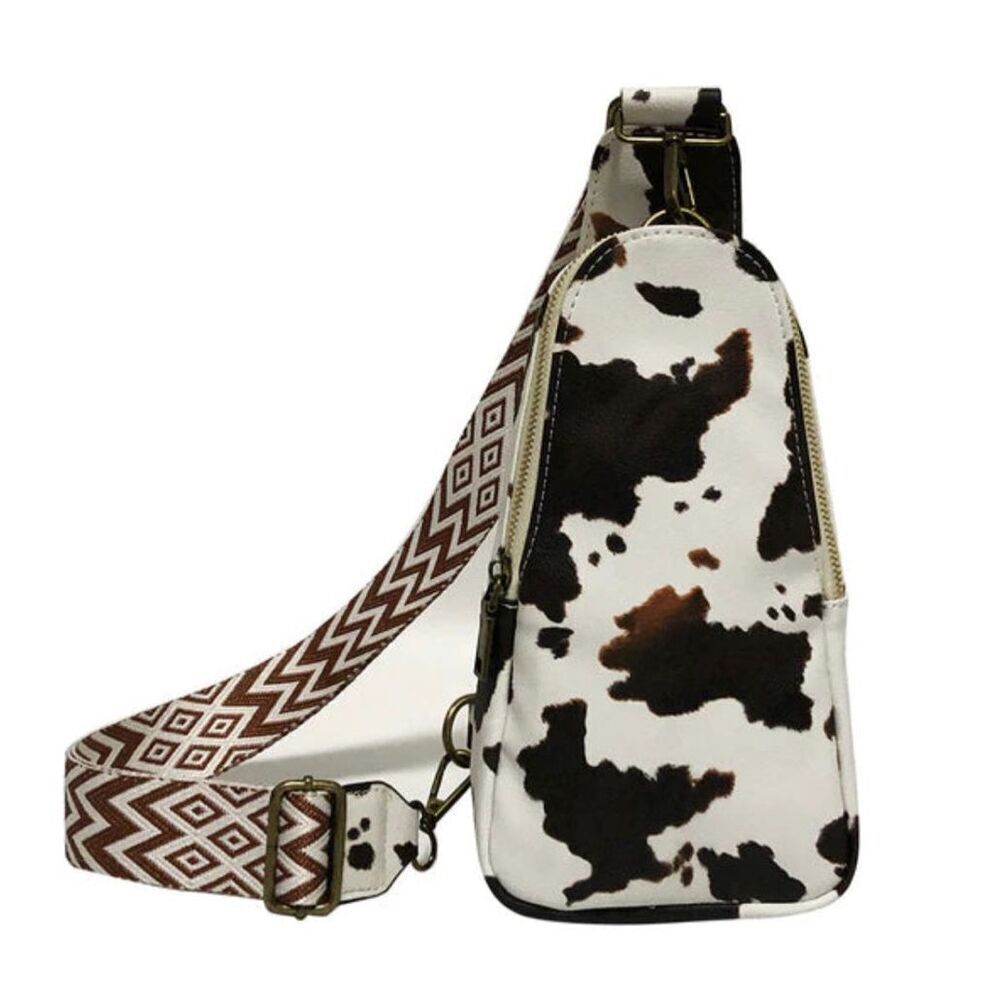 Brand New Ladies Boho Cow Print Leather Sling Bag Purse With Adjustable Strap - Picture 1 of 7